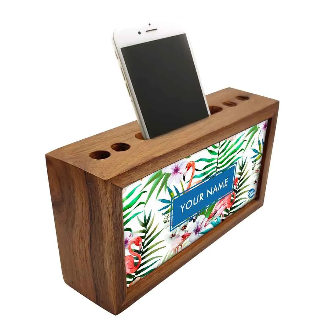 Personalized Wood desktop organizer - White Hibiscus with Flamingo