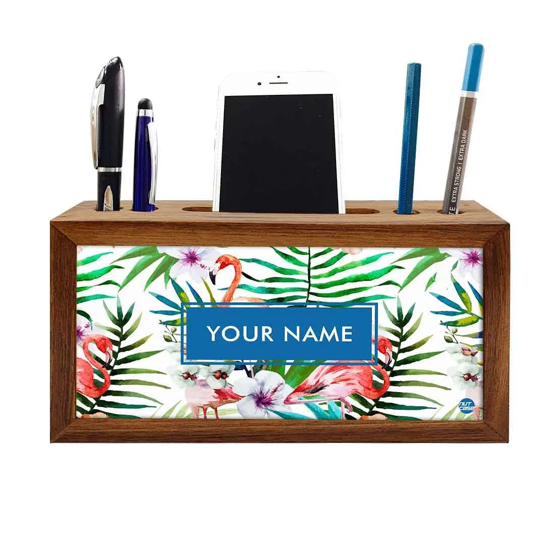 Personalized Wood desktop organizer - White Hibiscus with Flamingo