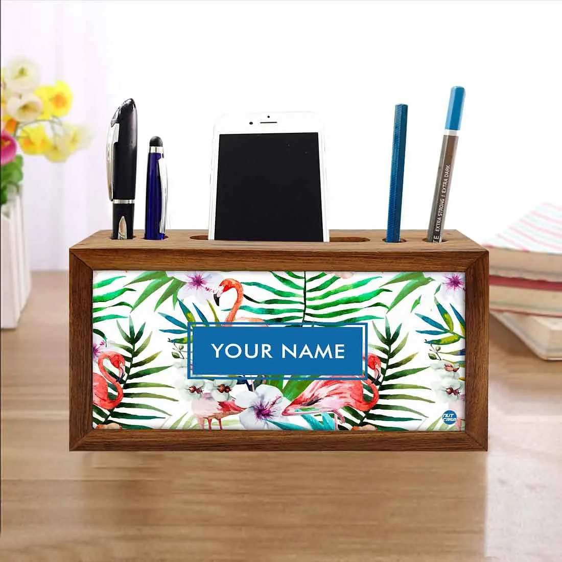 Personalized Wood desktop organizer - White Hibiscus with Flamingo