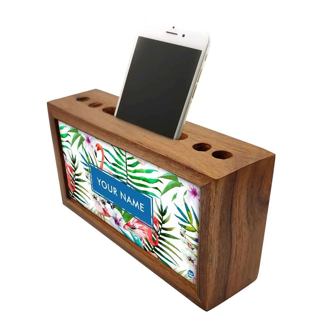 Personalized Wood desktop organizer - White Hibiscus with Flamingo