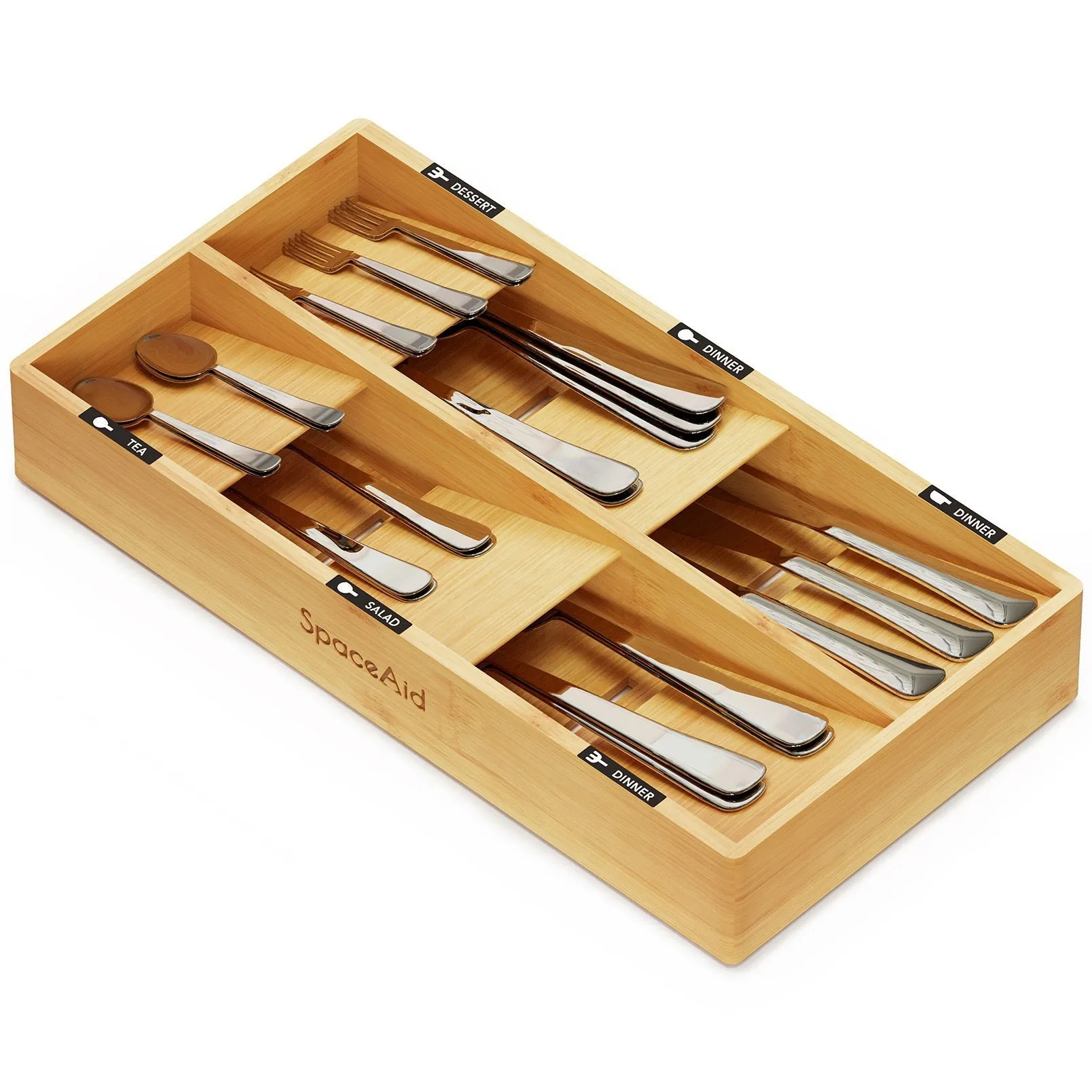 SpaceAid Bamboo Silverware Drawer Organizer with Labels (Natural, 6 Slots)