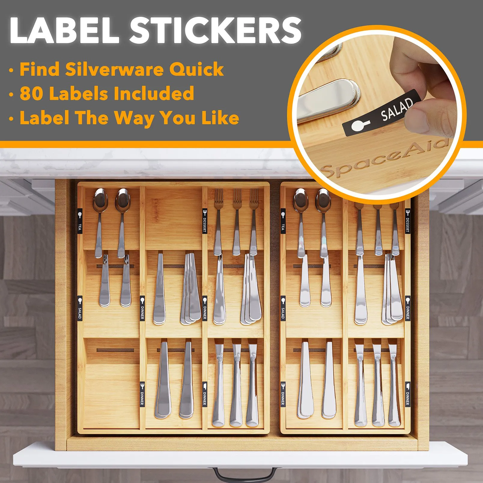 SpaceAid Bamboo Silverware Drawer Organizer with Labels (Natural, 6 Slots)