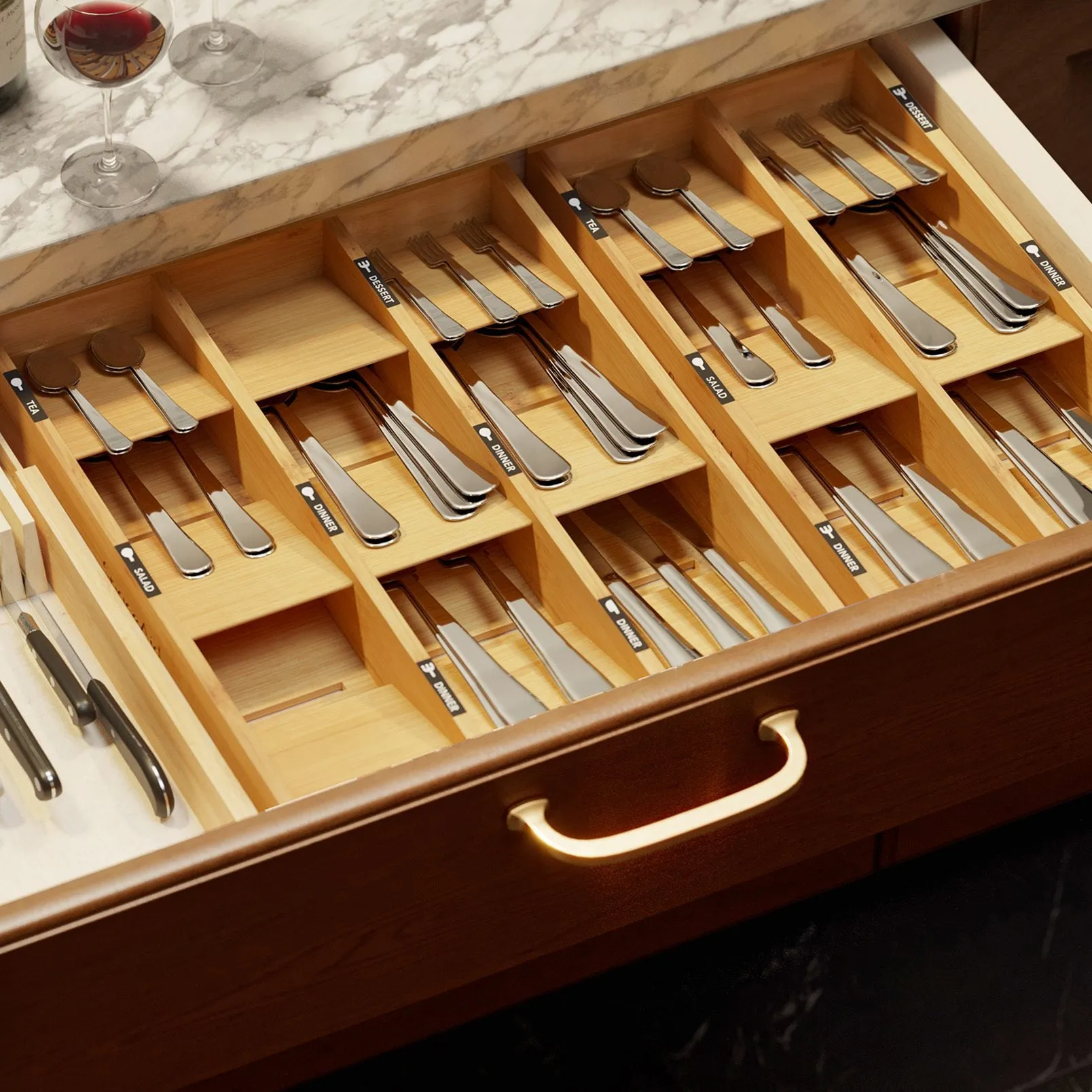 SpaceAid Bamboo Silverware Drawer Organizer with Labels (Natural, 6 Slots)