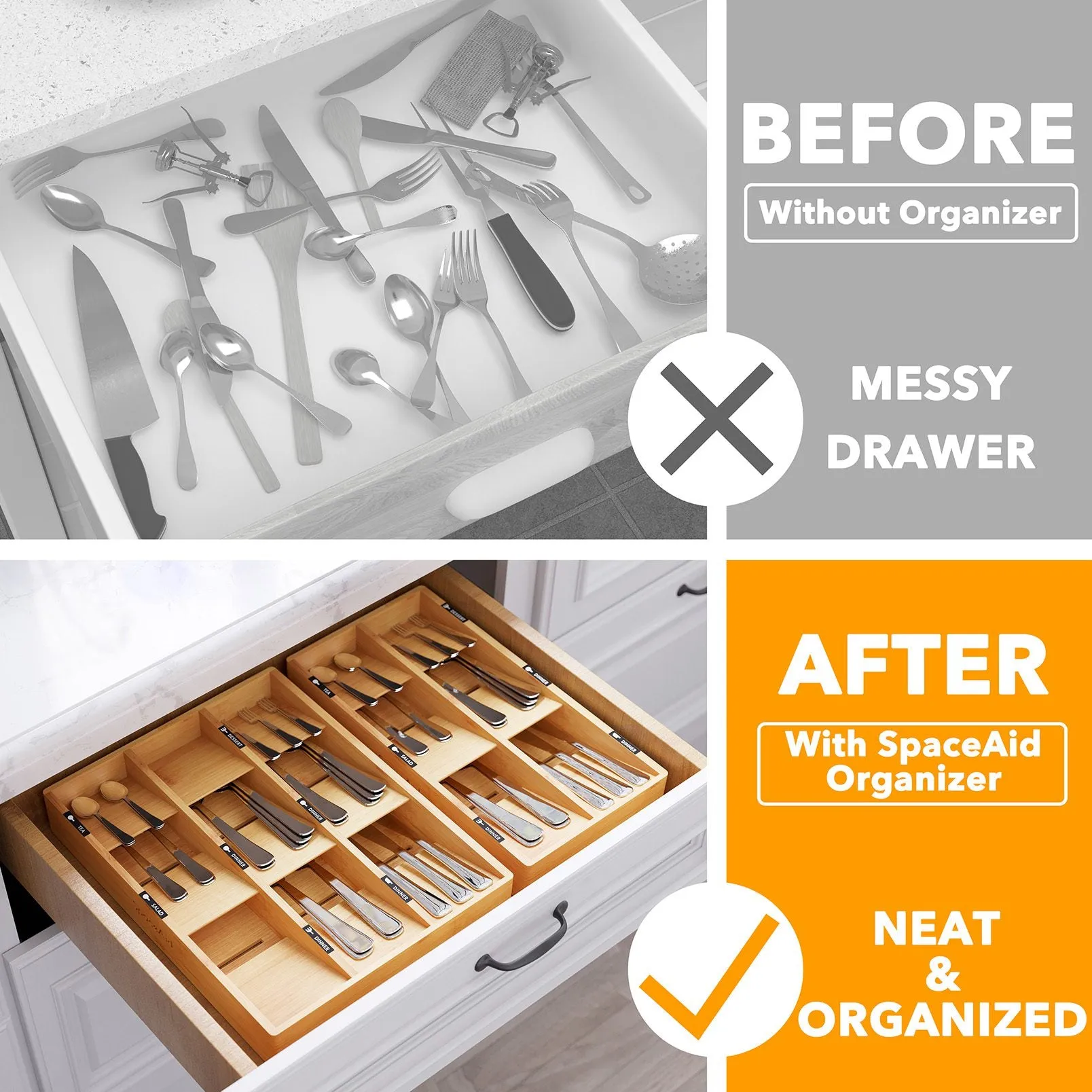 SpaceAid Bamboo Silverware Drawer Organizer with Labels (Natural, 6 Slots)