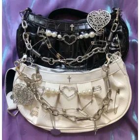 TAVIMART  -  Japanese Harajuku Gothic Cross Pearl Chain Pleated Shoulder Bag Y2K Punk Crossbody Bags Vintage Fashion Purses and Handbags