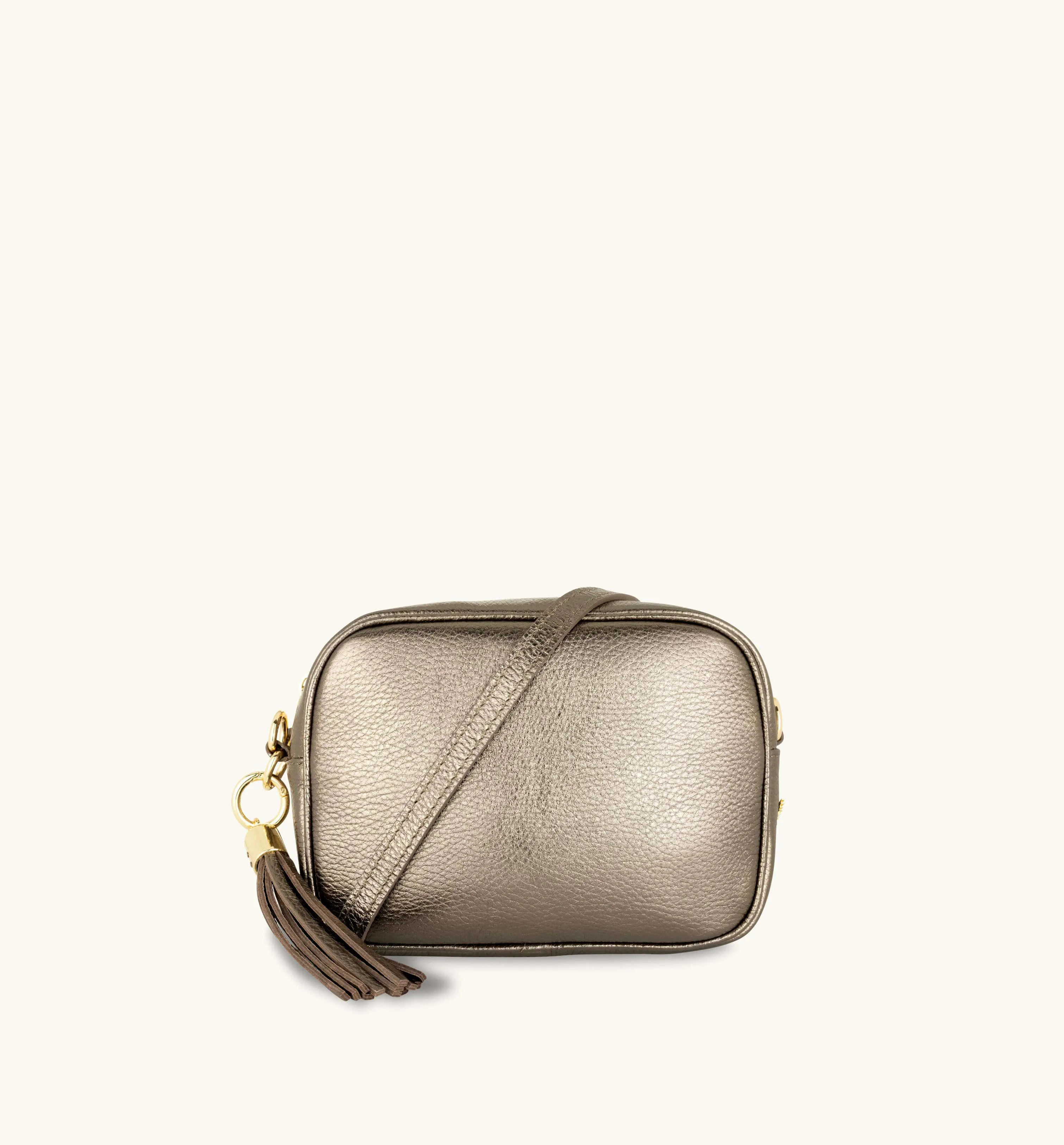 The Tassel Bronze Leather Crossbody Bag With Gold Chain Strap