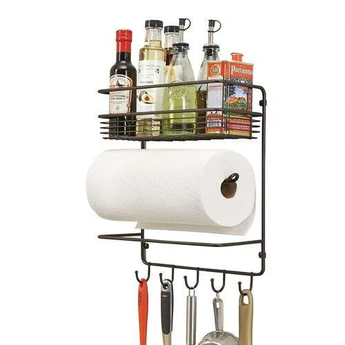 Wall Mount Paper Towel Holder with Storage Shelf and Hooks