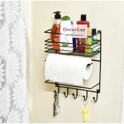 Wall Mount Paper Towel Holder with Storage Shelf and Hooks