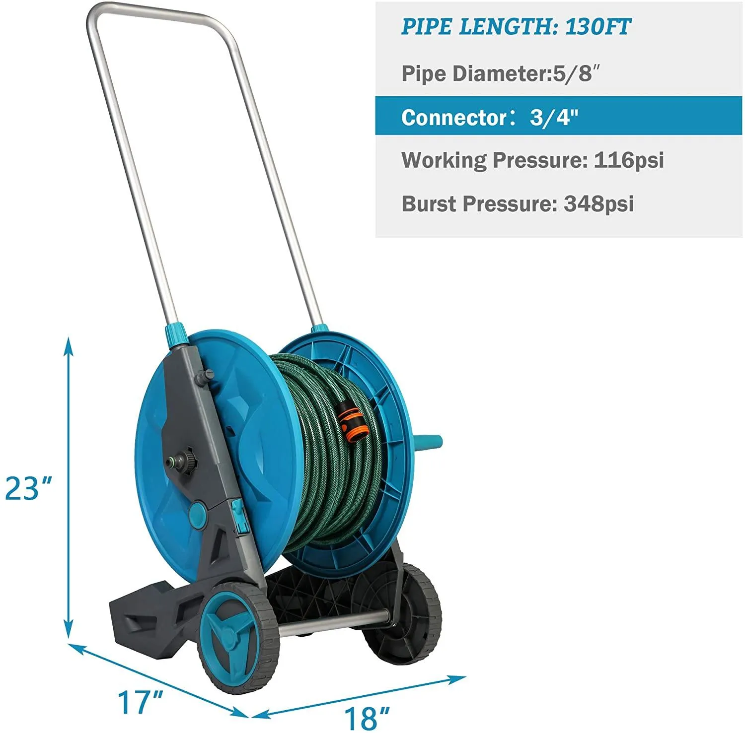 Water Hose Reel Cart with Wheels 130 ft Retractable Aluminum Garden Hose Reel 3/4 Inch 6.6 Feet Leader Hose 7 Patterns Nozzle