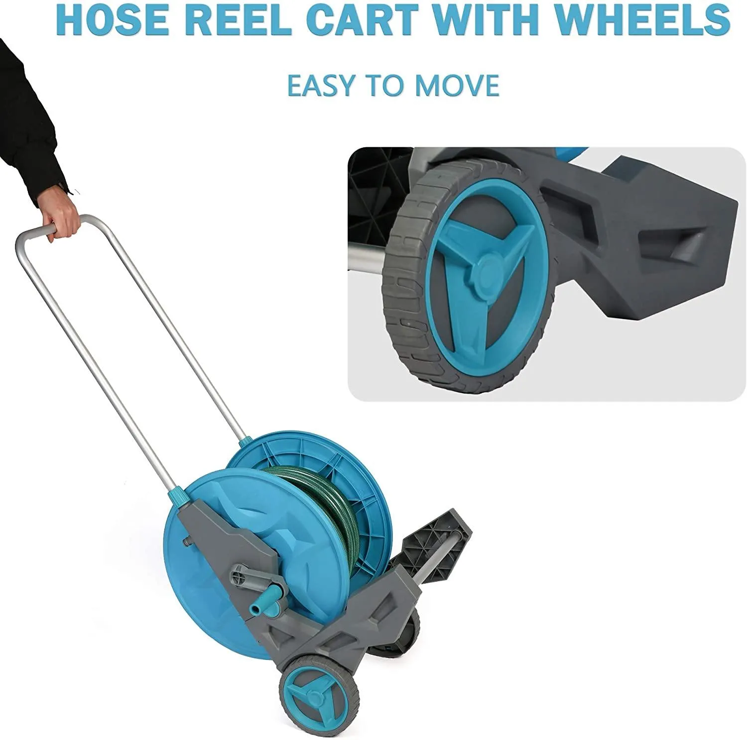 Water Hose Reel Cart with Wheels 130 ft Retractable Aluminum Garden Hose Reel 3/4 Inch 6.6 Feet Leader Hose 7 Patterns Nozzle