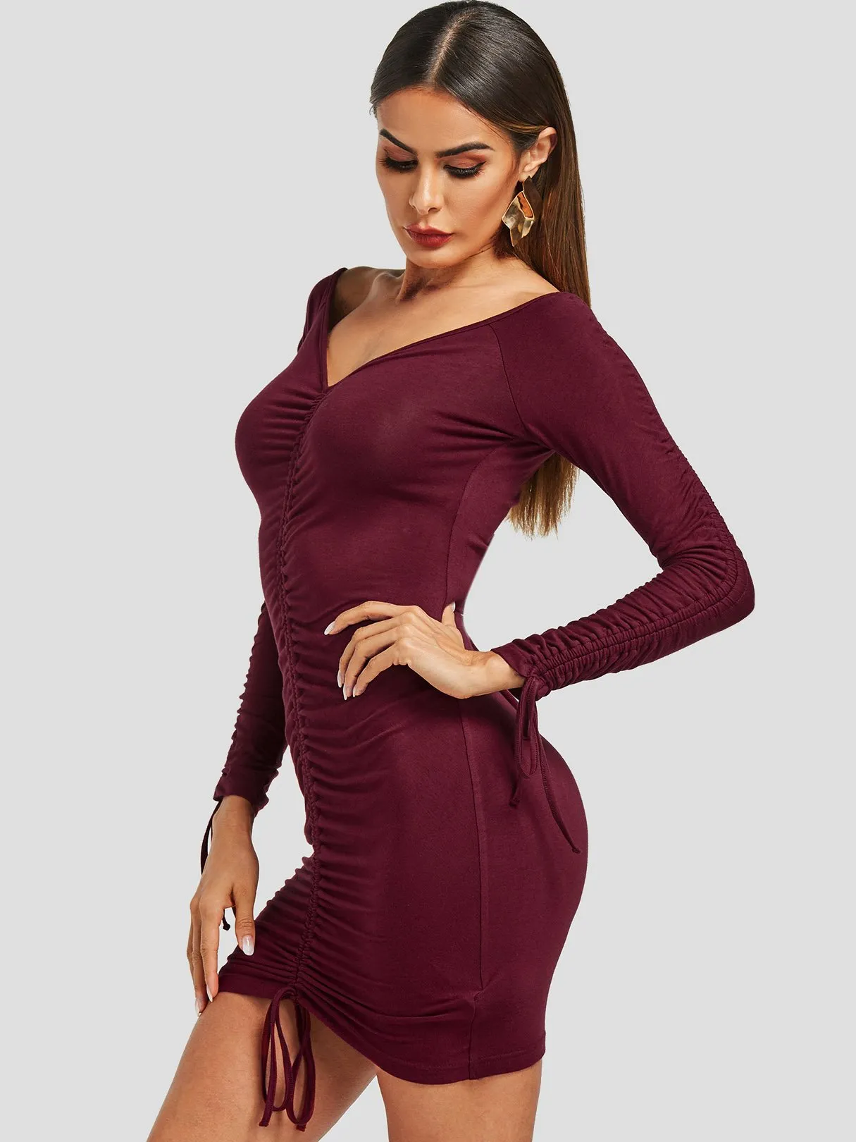 Wholesale Burgundy V-Neck Long Sleeve Plain Lace-Up Mini Dress