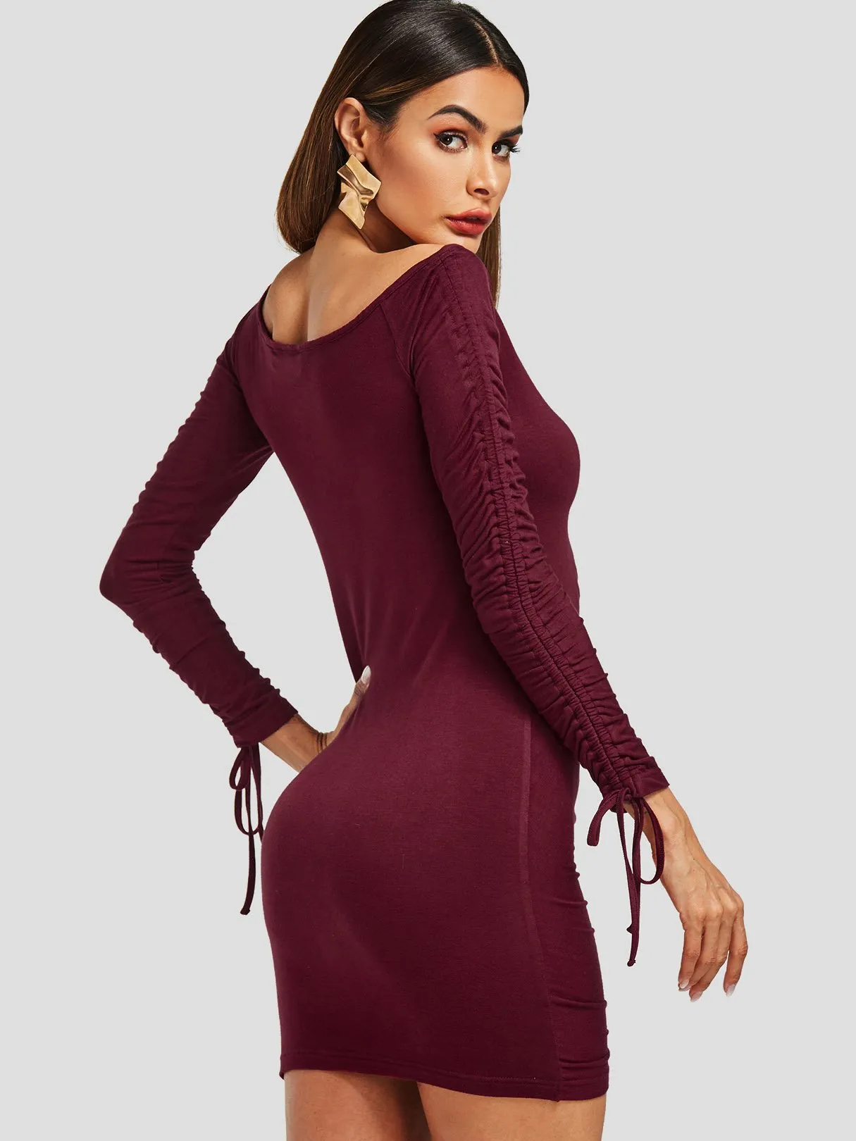 Wholesale Burgundy V-Neck Long Sleeve Plain Lace-Up Mini Dress