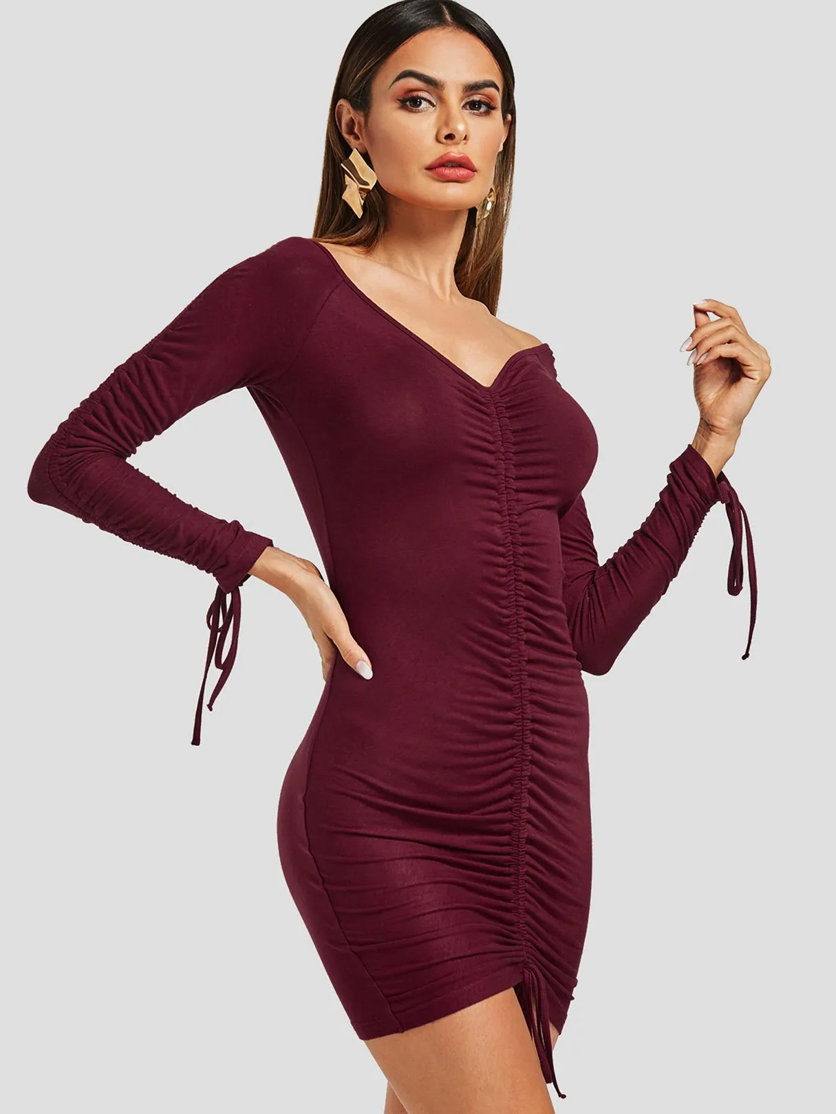 Wholesale Burgundy V-Neck Long Sleeve Plain Lace-Up Mini Dress