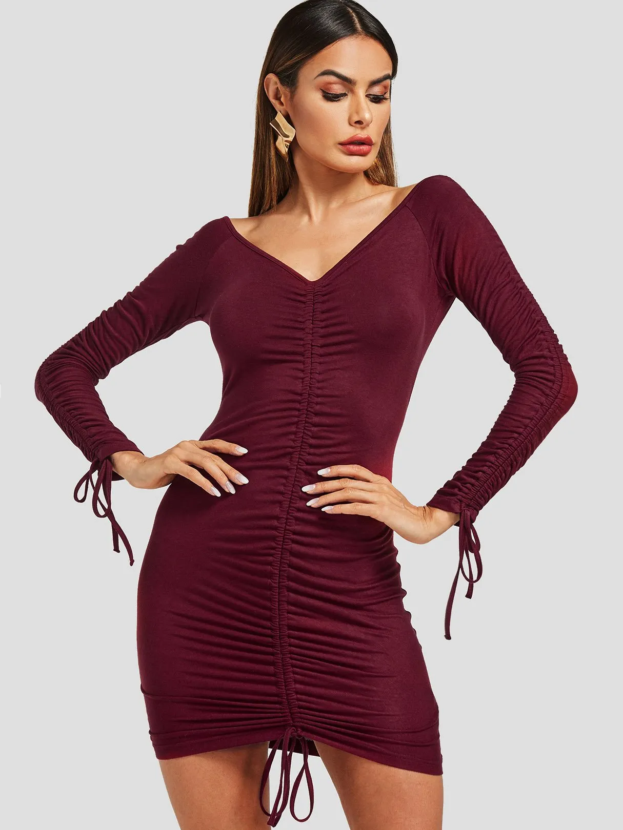 Wholesale Burgundy V-Neck Long Sleeve Plain Lace-Up Mini Dress