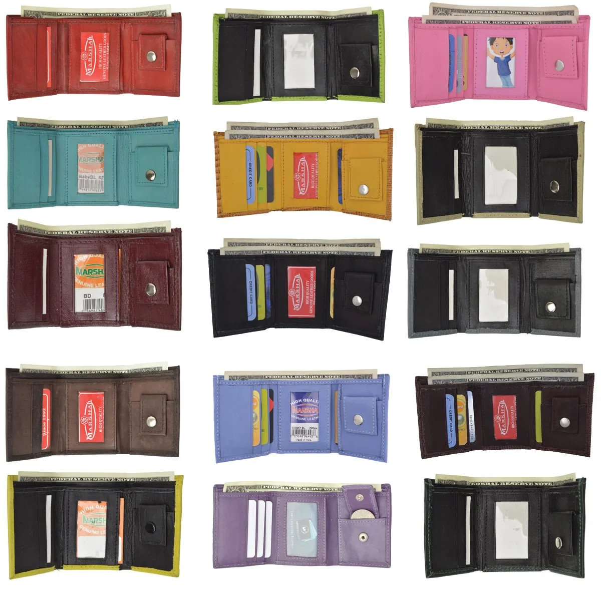 Wholesale Kids Genuine Leather Trifold Wallets Assorted Colors