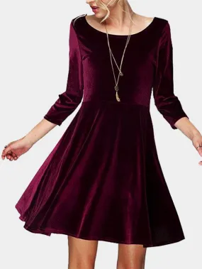 Wholesale Scoop Neck Backless Long Sleeve Ruffle Hem Burgundy Mini Dress