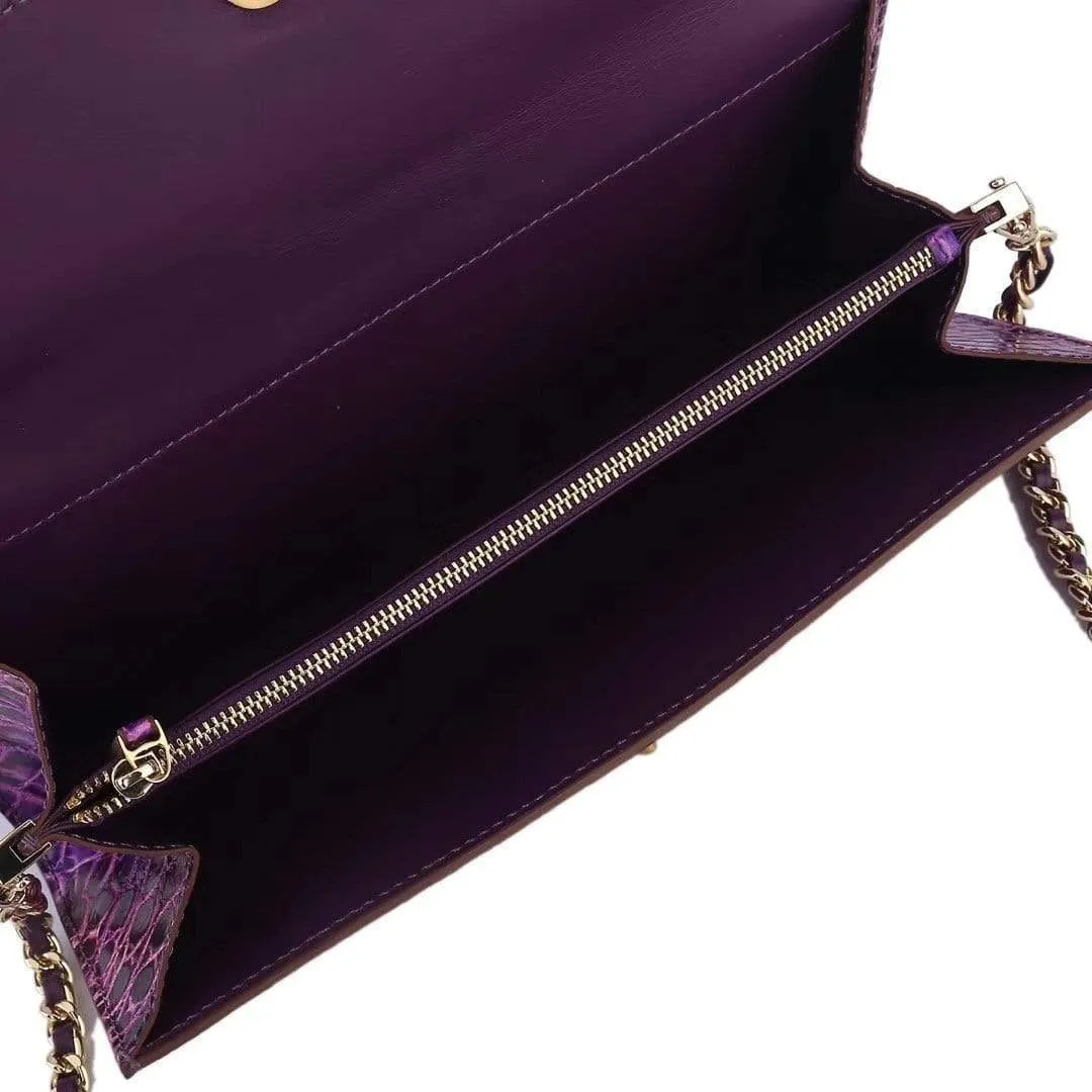 Women's Crocodile Leather  Pouches Chain Pouchette Clutch Bags  Purple